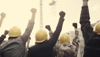 construction workers raise their hands in the air labor day, photo