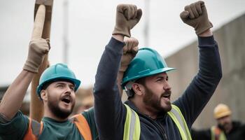 construction workers raise their hands in the air labor day, photo