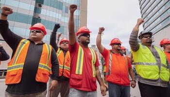 construction workers raise their hands in the air labor day, photo