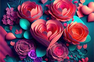 valentines day background, love heart shape make by rose, cherry blossom, daisy flowers... . Neural network generated art. Digitally generated image. Not based on any actual scene or pattern. photo