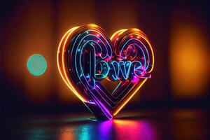 illustration of love heart neon light, decor, bright light, romantic. Love and valentine day concept. Neural network generated art. Digitally generated image. photo