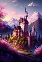 Generative AI illustration of magical land of enchanted forests, castle, sparkling waterfalls and lush meadows, lake and fairy tail photo