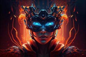 illustration of Metaverse concept and virtual world elements. Side view of human face in augmented or virtual reality headset inside the metaverse photo