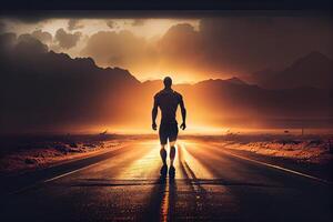 generativo ai ilustración de un atlético hombre caminando en un abandonado la carretera dentro el puesta de sol. el imagen es enfocado en el del hombre pierna, cuales enfatiza su físico aptitud y determinación foto