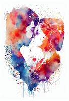 illustration of a couple in love hugging and kissing. Young love. Watercolor illustration of kissing and hugging couple surrounded by hearts. Romantic date. Valentine's day card photo
