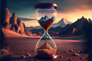 illustration of hourglass on the nature background . Time of the earth. photo