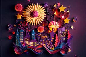 illustration of Photo paper cut quilling multidimensional paper cut, craft paper illustration, fireworks and beautiful city in new year eve, national day with colored lights, pop color.
