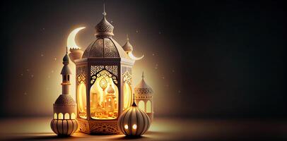 illustration of Islamic holiday. Ramadan night. Mosque and lantern displayed on stages with glowing light in the evening. Wallpaper and banner background. photo