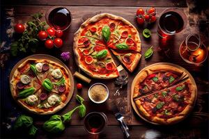 illustration of pizza party dinner. Flat-lay of various kinds of Italian pizza, salad and red wine in glasses over rustic wooden table, top view, wide composition photo