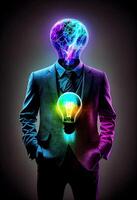 illustration of innovative business, a giant light bulb, dressed in a stylish suit, with colorful lighting surrounding it photo