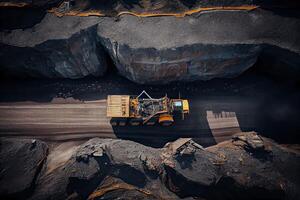 illustration of an aerial panorama of an anthracite coal mine, showcasing a big yellow mining truck collecting rocks in an open pit mine photo