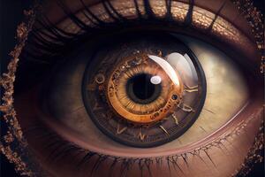 illustration of clockwork in an eye, temporal vision, close focus photo