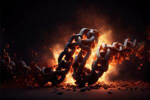 illustration of breaking steel chain with fire dust in dark background. Neural network generated art. photo