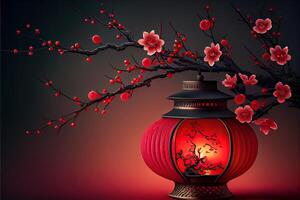 illustration of Chinese traditional red festival background with a chinese red plum blossom, lantern, spring festival, new year, chinese traditional culture element photo