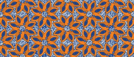 African wax print pattern. seamless beautiful Kitenge, chitenge, dutch wax, and Angara style. geometric shapes fashion design in colorful. orange botanical flower on blue background. African Wax Print vector