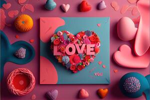 illustration of Valentine frame and banner. Red decoration. flat lay, romantic. Love and valentine day concept. Neural network generated art. Digitally generated image. photo