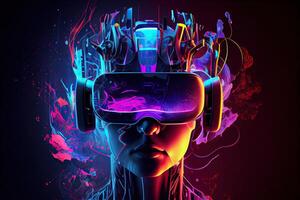 illustration of Metaverse concept and virtual world elements. Side view of human face in augmented or virtual reality headset inside the metaverse photo