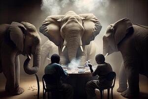 generativo ai ilustración de africano elefantes jugando póker en un ahumado habitación, el elefante póker juego foto