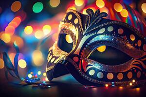 illustration of the vibrant energy and excitement of Brazilian Carnival, Venetian Carnival mask and confetti with abstract defocused bokeh lights and shiny streamers photo