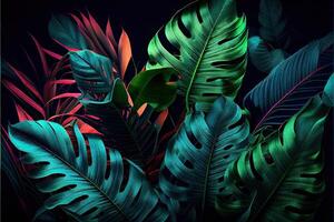 illustration of Dark green tropical leaves colorful neon light, backlight, leaves composition, plant background, manstera, palm leaves photo