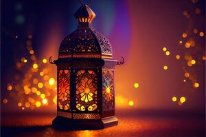 illustration of Muslim Holy Month Ramadan Kareem Arabic Lantern with bokeh, Neon light and lantern displayed on stages with glowing light in the evening. Wallpaper and banner background. photo