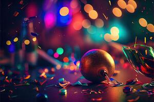 illustration of New Year's Eve party background, pop color, group of people dancing and joyful, countdown, neural network generated art. Digitally painting, generated image. photo