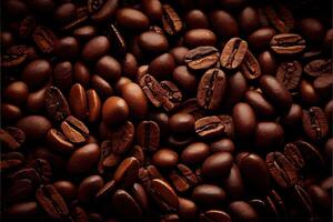 illustration of Roasted Coffee Beans Closeup On Dark Background, blurred background photo