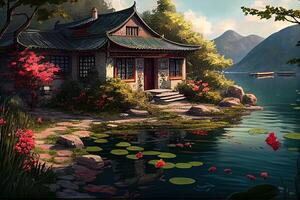 illustration of the lake is surrounded by green water plants, colorful green flowers, sparkling on the lake, traditional chinese house,cobblestone path,beautiful sunshine photo