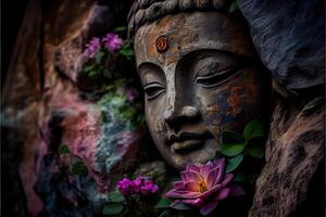 illustration of abstract lifelike buddha, flowers, magic lighting, beautiful metallic and stone colors, detailed, natural lighting, natural environment. Digitally generated image photo