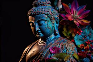 illustration of abstract lifelike buddha, flowers, magic lighting, beautiful metallic and stone colors, detailed, natural lighting, natural environment. Digitally generated image photo