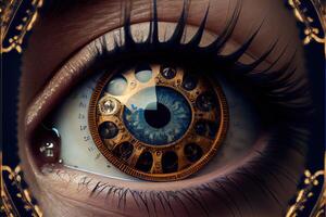 illustration of clockwork in an eye, temporal vision, close focus photo