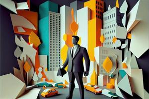 Business man in the city background, colorful. Business handshaking, successful concept. Paper cut craft, 3d paper illustration style. Neural network generated art. photo