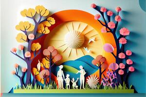 illustration of origami spring background, joyful elderly, happy family with parent, colorful. Paper cut craft, 3d paper illustration style, pop color. Neural network generated art. photo