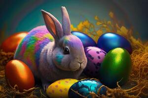 Happy Easter concept design Cool bunny colorful background, Holiday card idea, . photo