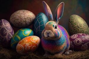 Happy Easter concept design Cool bunny colorful background, Holiday card idea, . photo