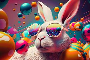 Happy Easter concept design Cool bunny colorful background, Holiday card idea, . photo