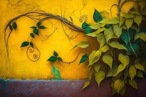 Green leaves on yellow wall background,vintage color style,selective focus photo