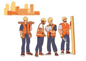 Construction workers set and city buildings. Carpenter repairman, builder. Vector. vector