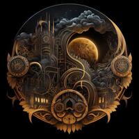 illustration of cyberpunk Zodiac sign with a industrial smoke, mechanic detail on shoulders, pollution, centered inside intricate gold and fire circle of city and Skyscrapers, steam punk photo