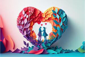 generativo ai ilustración de origami enamorado día fondo, contento pareja, vistoso. papel cortar artesanía, 3d papel estilo. neural red generado Arte. digitalmente generado imagen foto