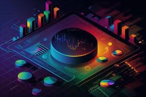 illustration of crypto market data, chart, silhouette crypto currency market, isometric, colorful gradient background photo