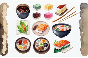 illustration of knolling japanese cuisine food, watercolor paint style, set of asian food photo