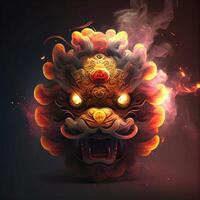 illustration of anthropomorphic traditional Chinese lion dance, big round eyes, plump body, Chinese Spring Festival, luminous particles, smoke photo