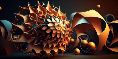 Generative AI illustration of a futuristic abstraction, featuring a 3D background with dynamic shapes and colors photo
