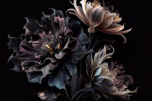 illustration of beautiful dark abstract exotic flowers. Luxurious dark ink flowers and patterns. photo