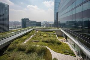 illustration of Gorgeous garden on the rooftop of a contemporary glass office building in Asia photo