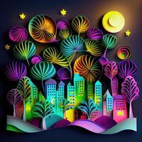 generativo ai ilustración de foto papel cortar encañonado multidimensional papel cortar, arte papel ilustración, fuegos artificiales y hermosa ciudad en nuevo año víspera, nacional día con de colores luces, popular color.