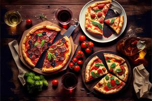 illustration of pizza party dinner. Flat-lay of various kinds of Italian pizza, salad and red wine in glasses over rustic wooden table, top view, wide composition photo