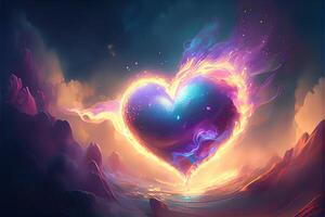 illustration of a heart floats in a surreal environment filled with clouds and swirling, pastel-colored gases, the heart is surrounded by a halo of glitter and holographic foil photo