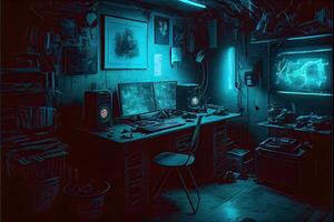 illustration of messy and dark cyberpunk hacker hideout room with lights photo